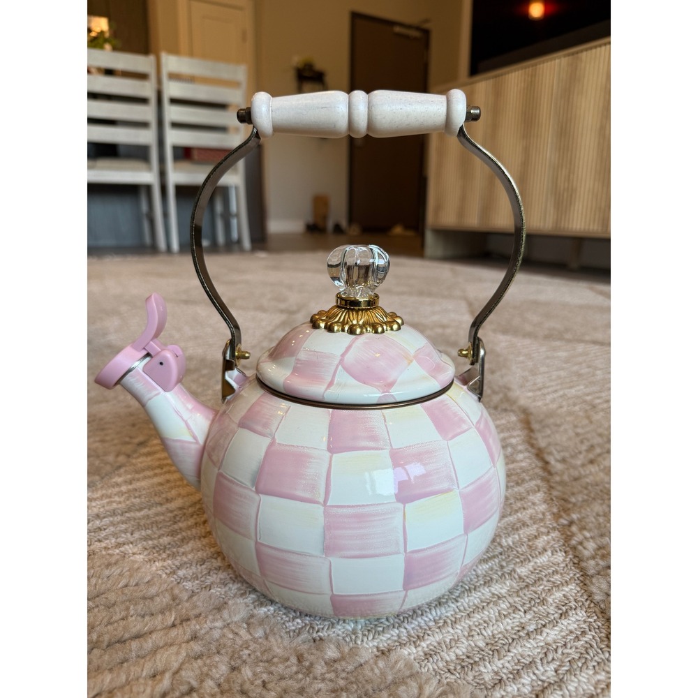 Mackenzie‎ Childs Rosy Check Enamel Tea Kettle Pink White 2 Quart Whistling New